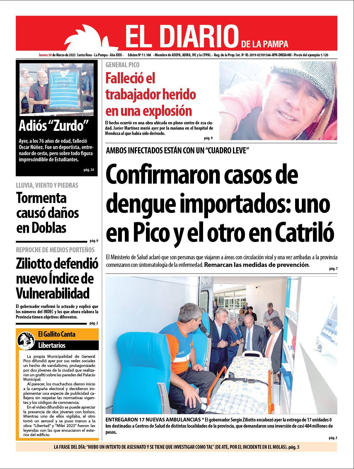 Tapa de El Diario en papel  jueves 30 de marzo de 2023